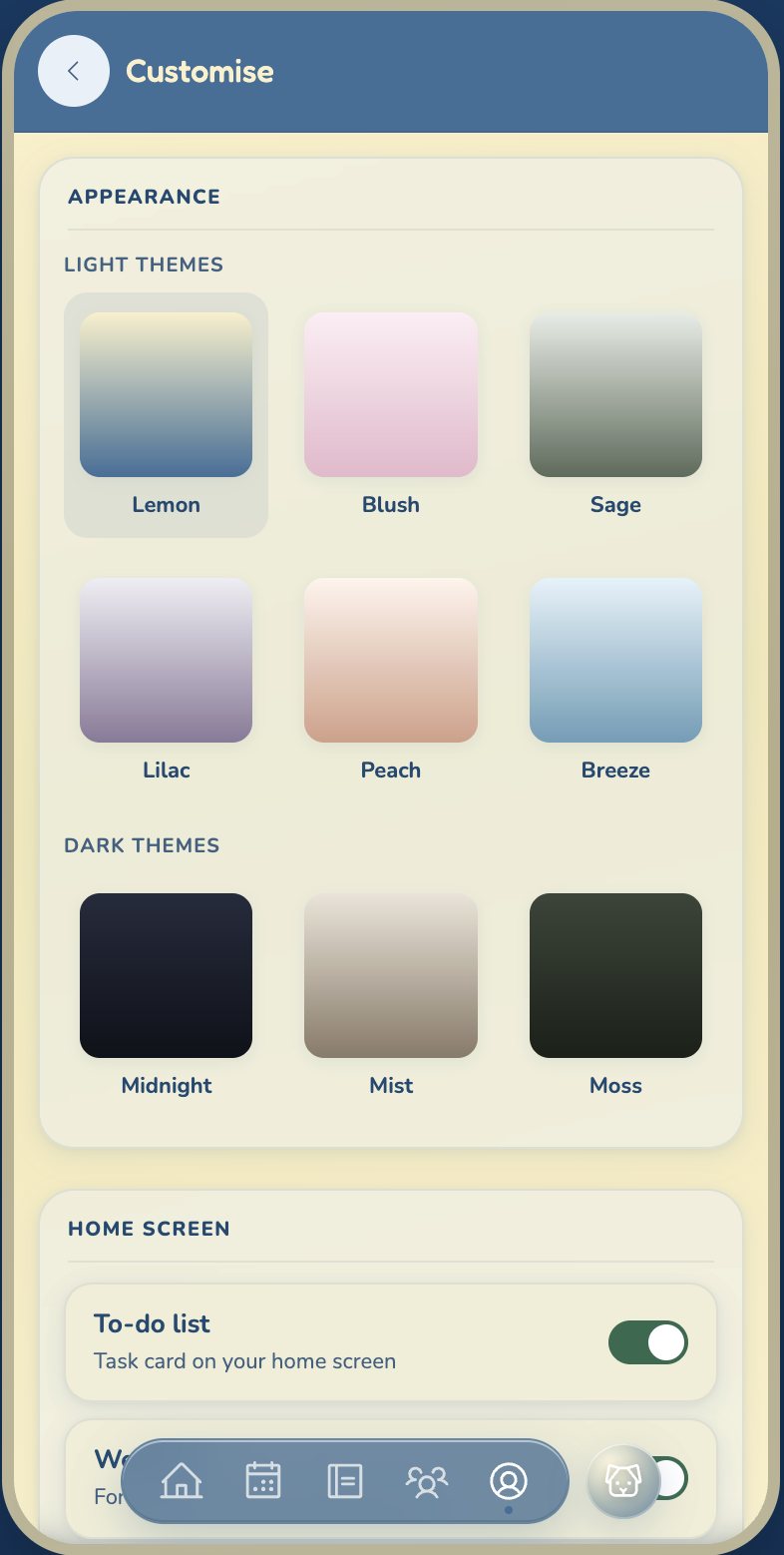 Doodlik customise screen with colour themes and home screen toggles