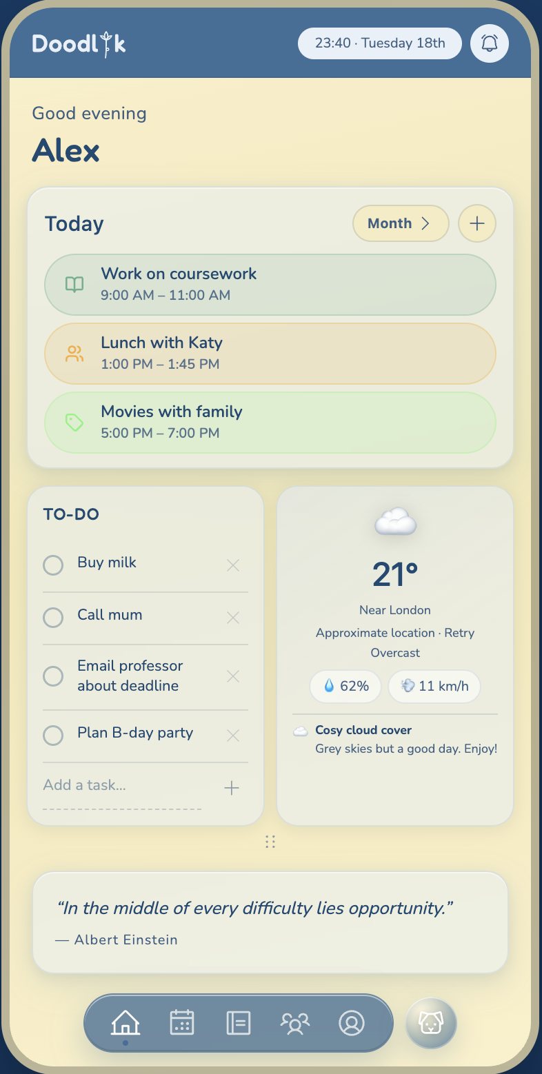 Doodlik home screen with a daily briefing, weather, quote, and to-dos
