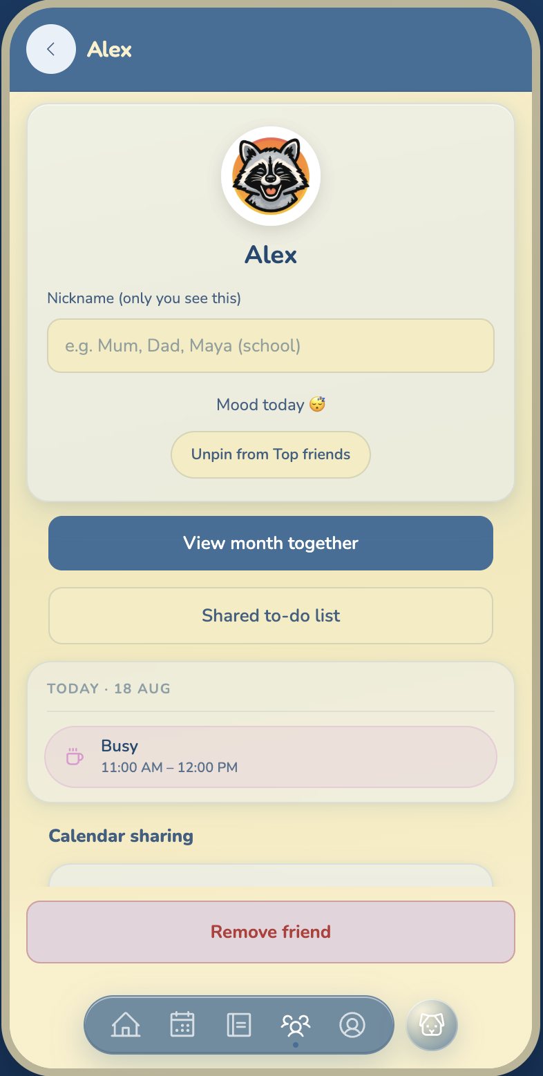 A friend’s profile in Doodlik with shared to-do list and calendar sharing