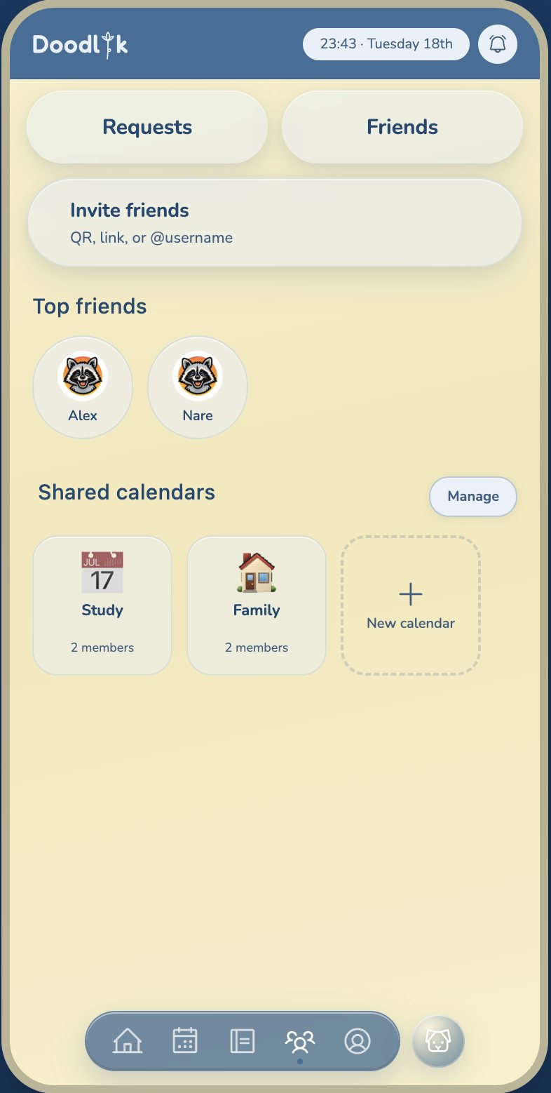 Doodlik friends screen with top friends and shared calendars