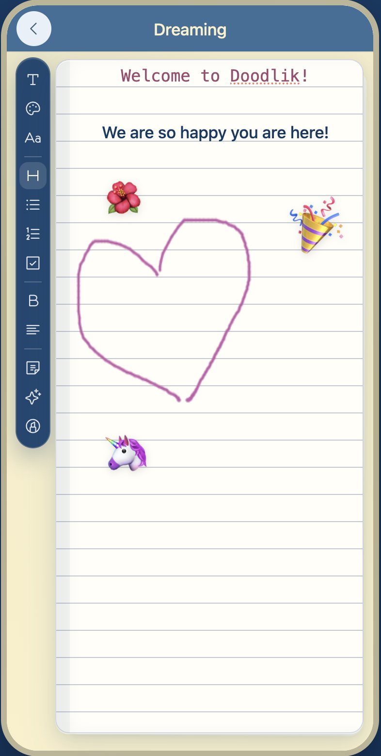 Doodlik notebook page with a doodle, emoji stickers, and writing tools
