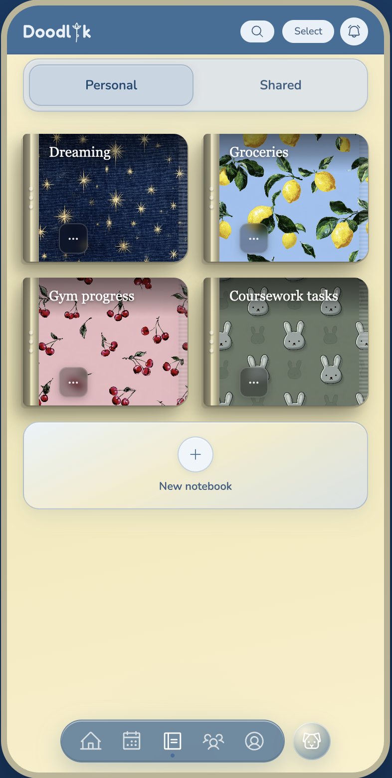 Doodlik notebook library with illustrated covers