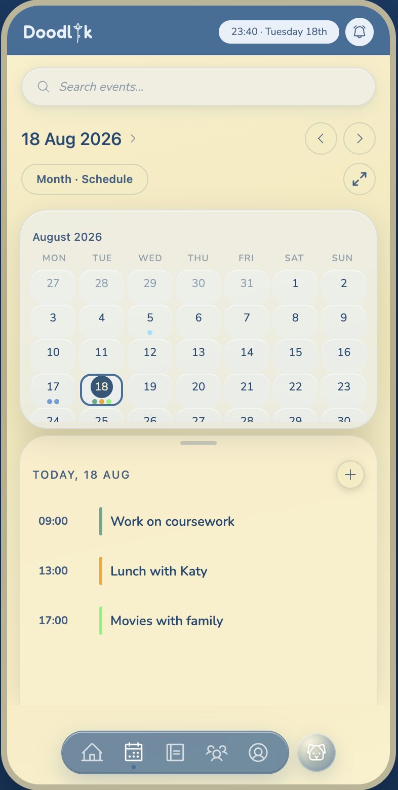 Doodlik personal calendar month view with colour-coded events